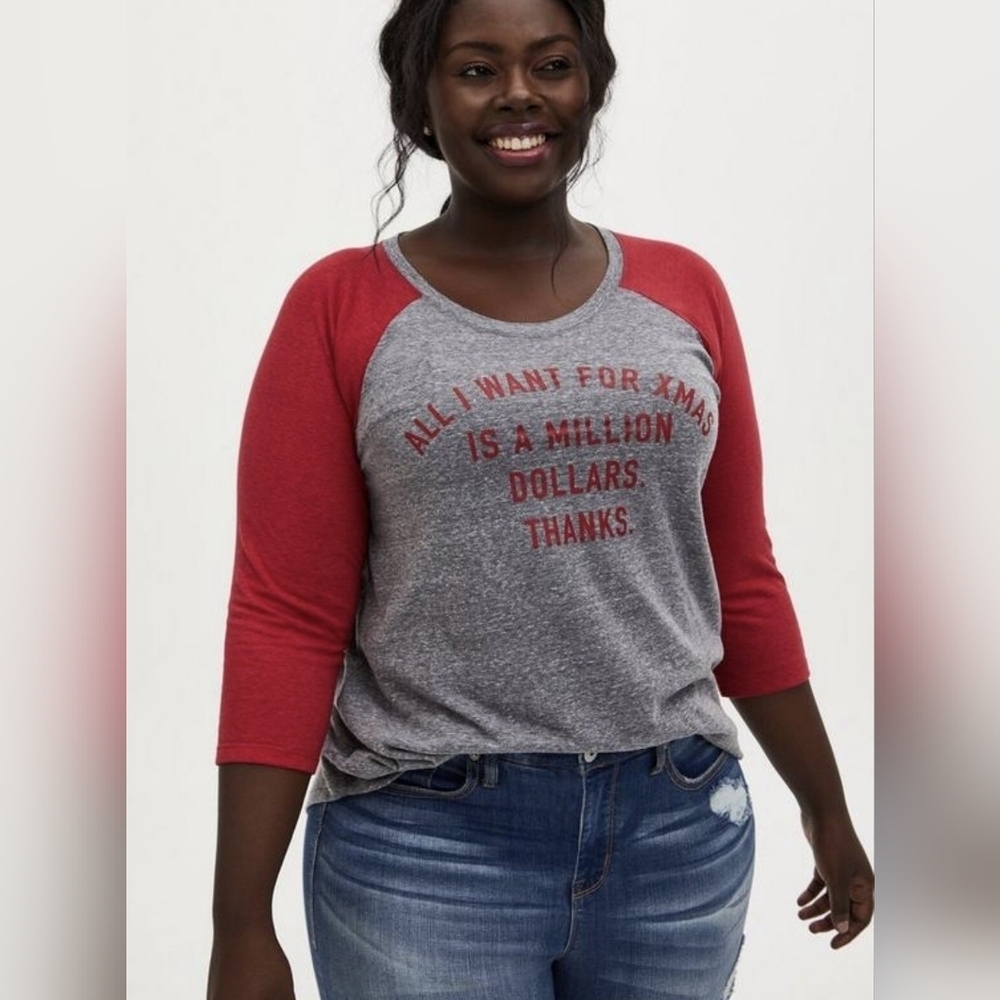 Torrid Classic Fit Red Gray All I Want For Xmas 3/4 Sleeve T-shirt 2X